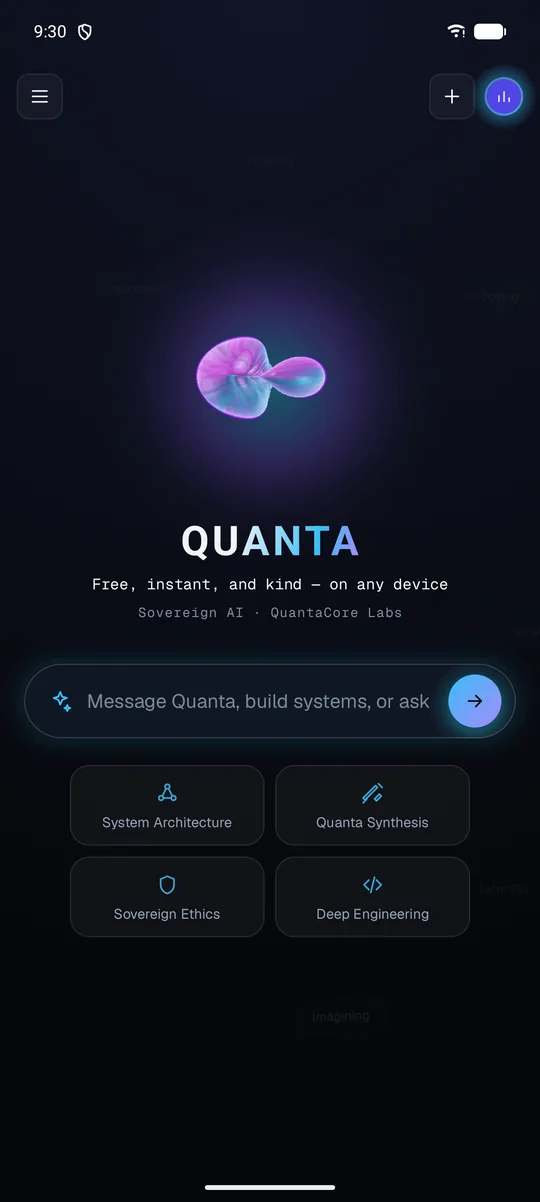 Quanta on Android: the welcome screen, with the shifting orb and four quick actions.