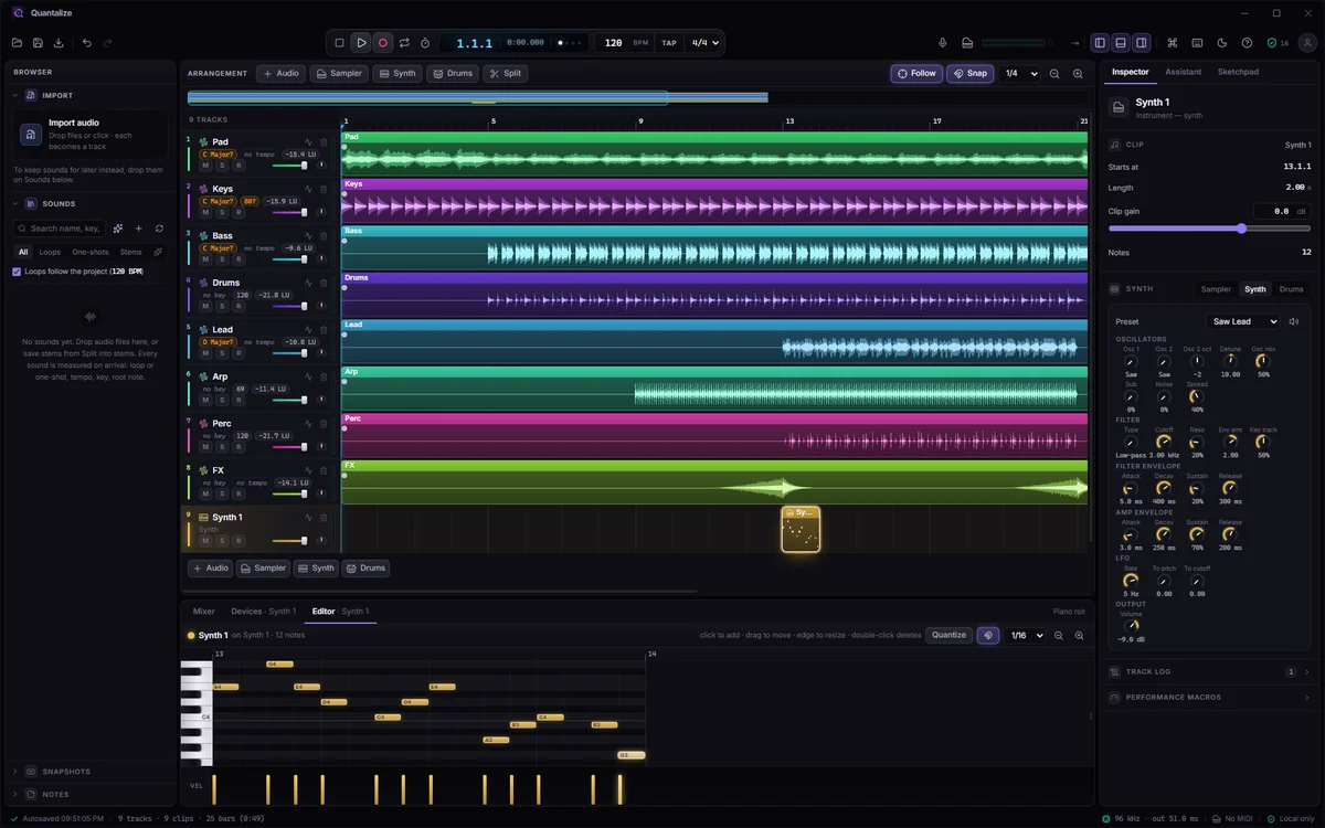 A synth track in Quantalize: the synth's oscillators, filter and envelopes in the inspector, and a melody in the piano roll.