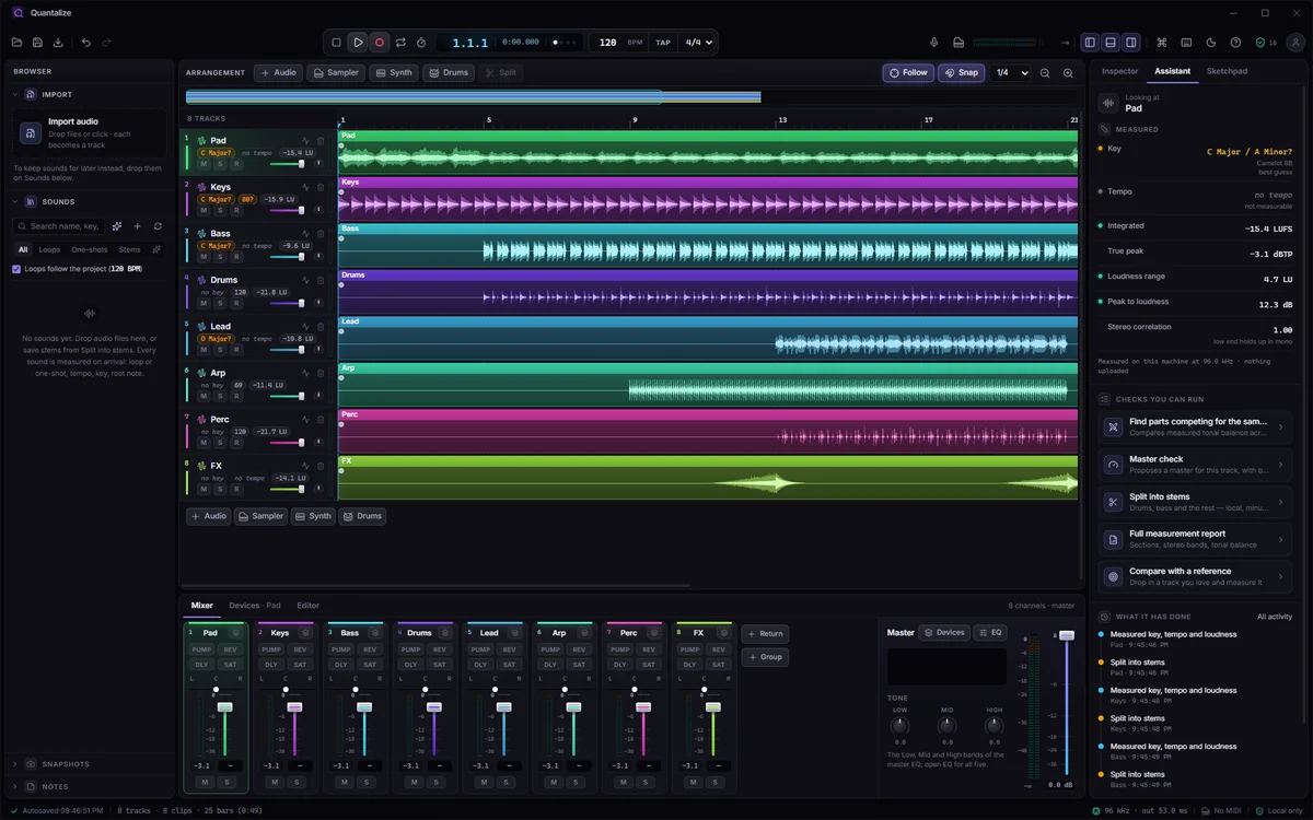 Quantalize: eight coloured tracks in the arrangement, the mixer below, and the assistant reading the pad's key as C major or A minor.