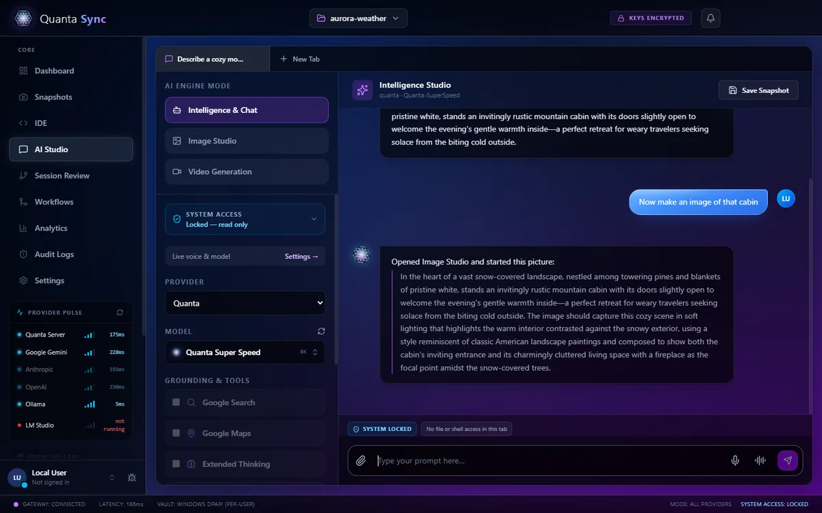AI Studio: asked for an image of the cabin it just described, the chat opens Image Studio and starts the picture with a prompt written from the conversation.